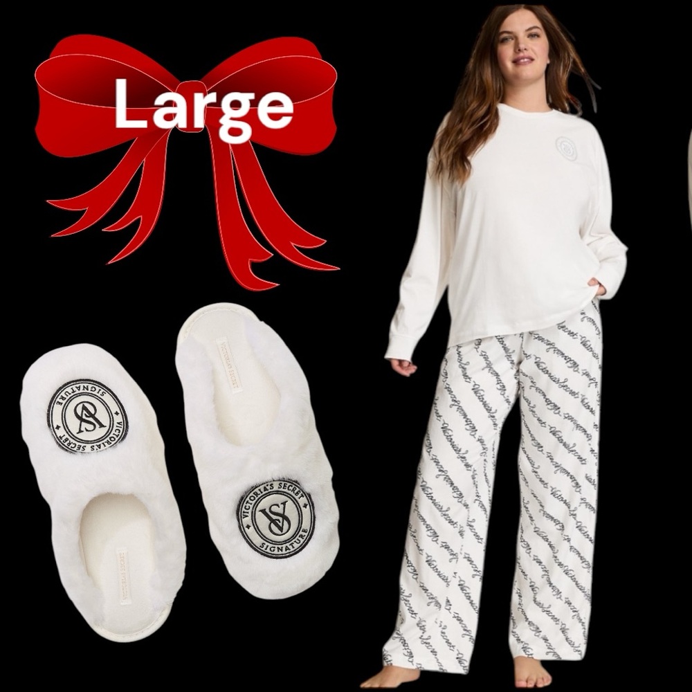VICTORIA'S SECRET LARGE 
WHITE RIBBON Flannel Long-Sleeve Tee-Jamas & Slippers